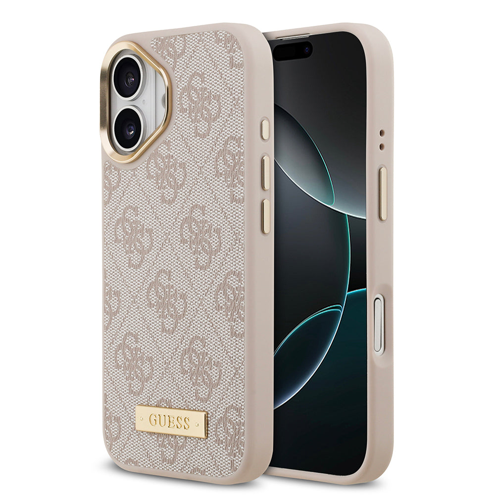 iPhone 17 Kılıf Guess Orjinal Lisanslı M-safe Şarj Özellikli 4G Desenli PU Metal Plaka Klasik Logolu Kapak