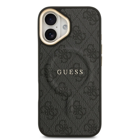 iPhone 17 Kılıf Guess Orjinal Lisanslı M-safe Şarj Özellikli Gold Metal Kamera Çerçeveli PU Deri 4G Desenli Yazı Logolu Kapak