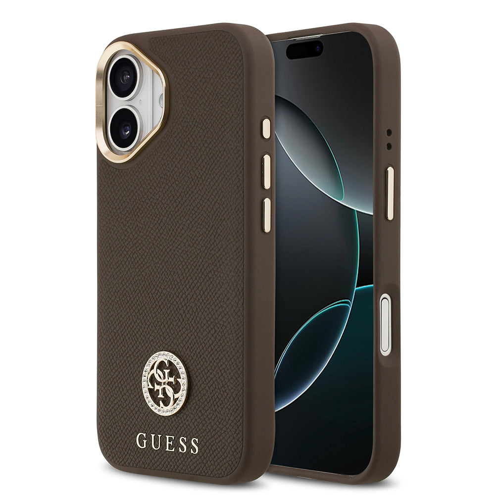 iPhone 17 Kılıf Guess Orjinal Lisanslı M-safe Şarj Özellikli Grained Yazı ve Taşlı 4G Logolu Kapak