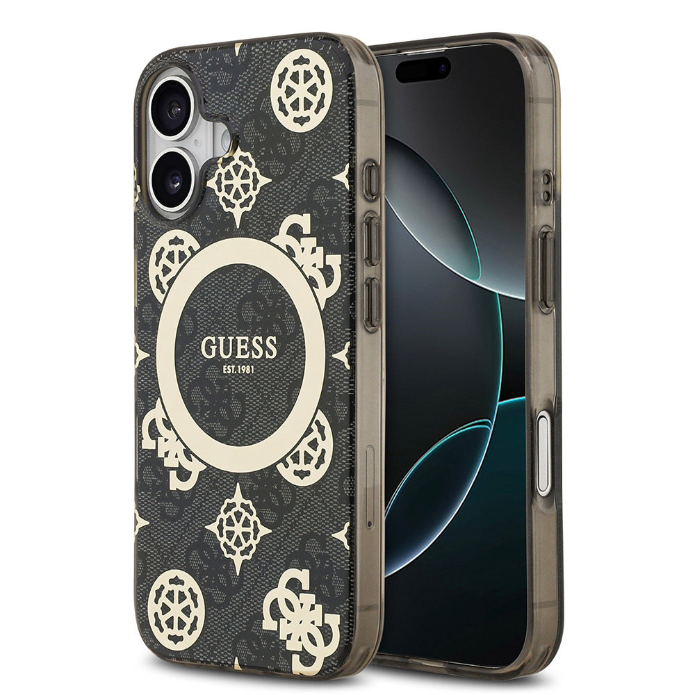 iPhone 17 Kılıf Guess Orjinal Lisanslı M-safe Şarj Özellikli IML Peony ve 4G Desenli Klasik Logolu Kapak