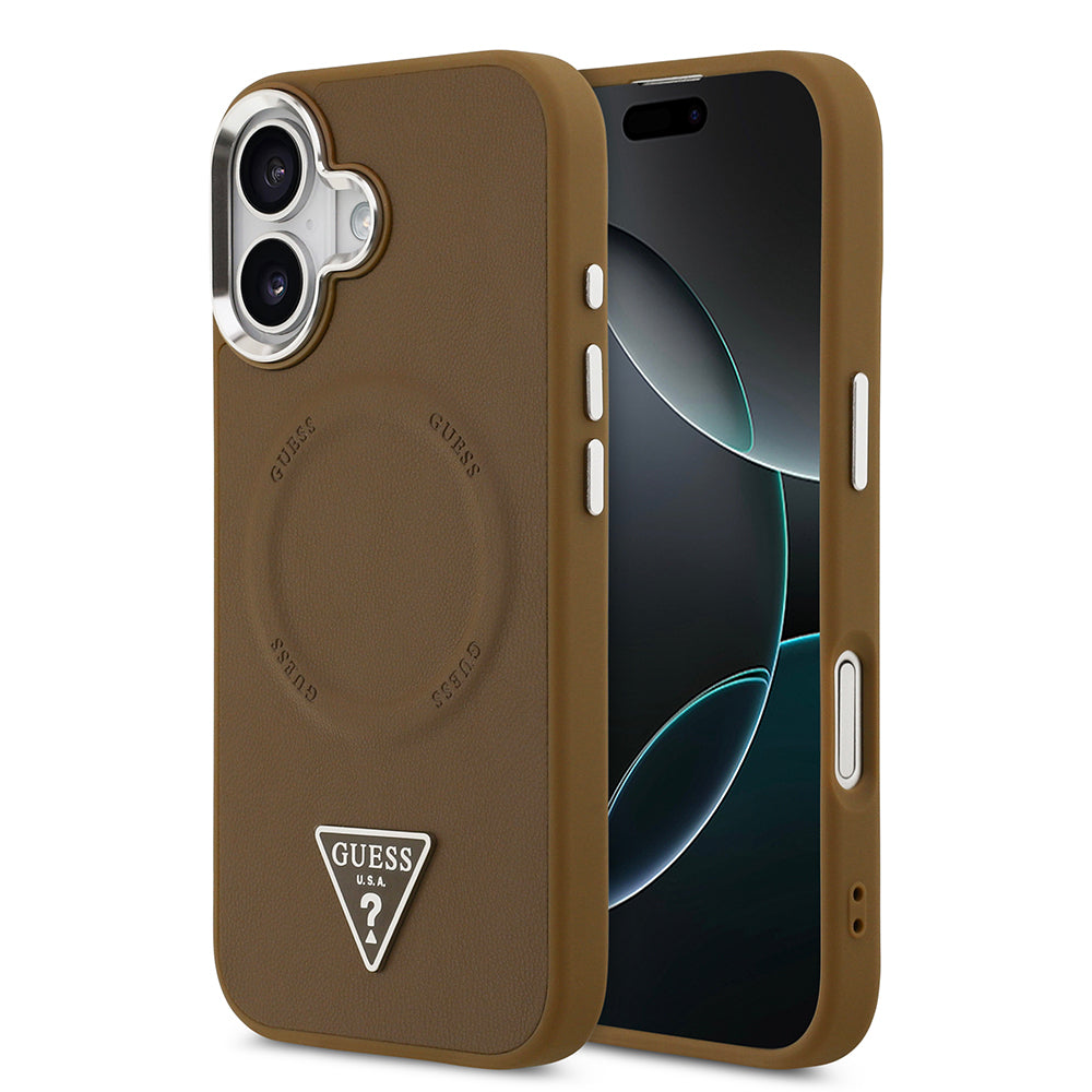 iPhone 17 Kılıf Guess Orjinal Lisanslı M-safe Şarj Özellikli PU Deri Metal Kamera Çerçeveli Üçgen Logolu Kapak