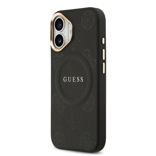 iPhone 17 Kılıf Guess Orjinal Lisanslı M-safe Şarj Özellikli Sıcak Baskılı Yazı Logolu PU Deri Peony Kapak