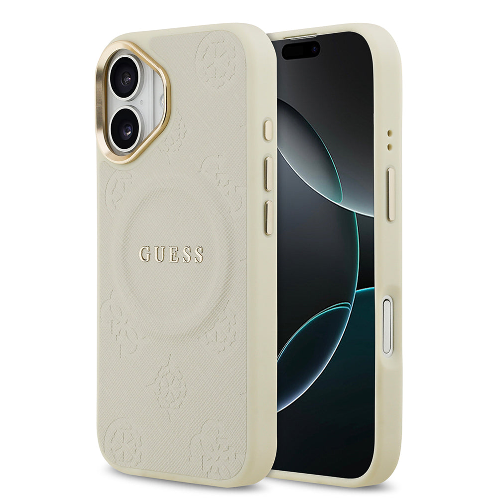 iPhone 17 Kılıf Guess Orjinal Lisanslı M-safe Şarj Özellikli Sıcak Baskılı Yazı Logolu PU Deri Peony Kapak