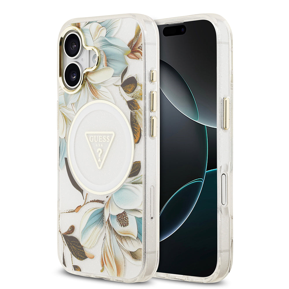 iPhone 17 Kılıf Guess Orjinal Lisanslı M-safe Şarj Özellikli Simli Çiçek Desenli Metal Kamera Çerçeveli Üçgen Logolu Kapak