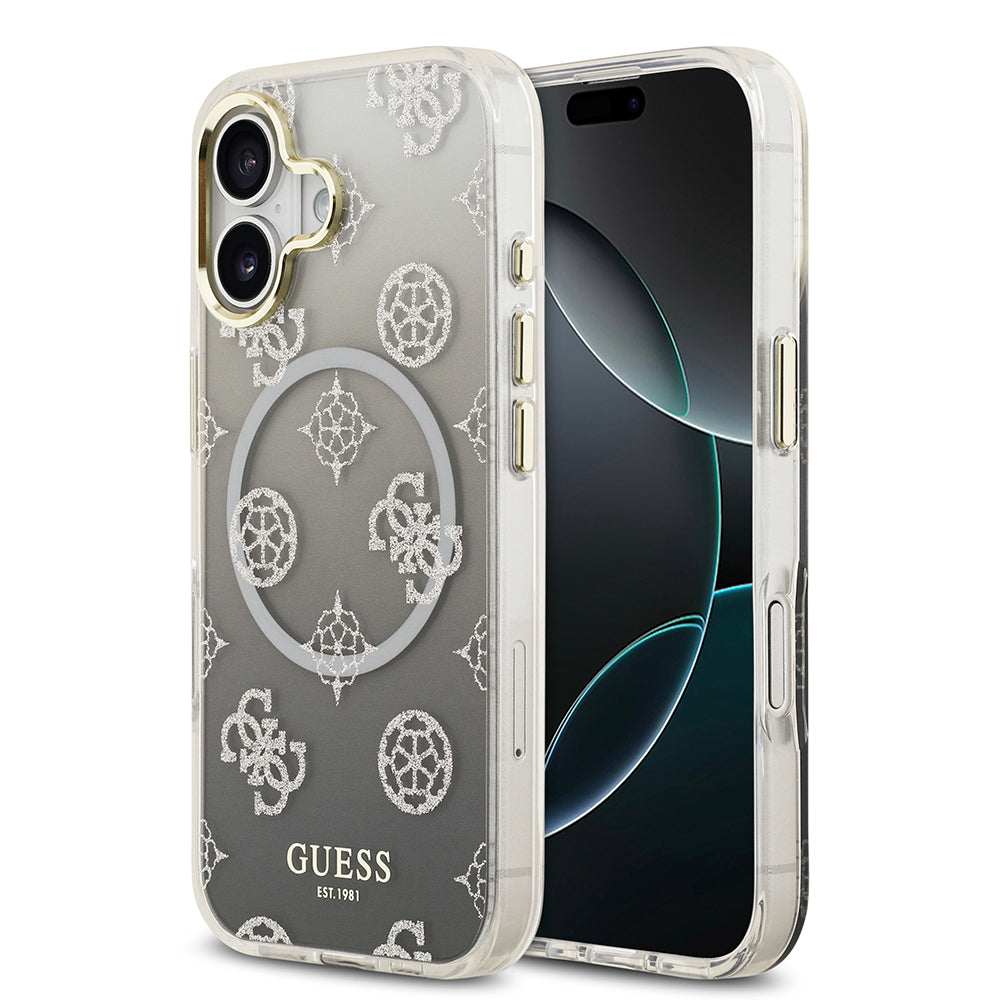 iPhone 17 Kılıf Guess Orjinal Lisanslı M-safe Şarj Özellikli Simli Peony Desenli Silikon Kapak