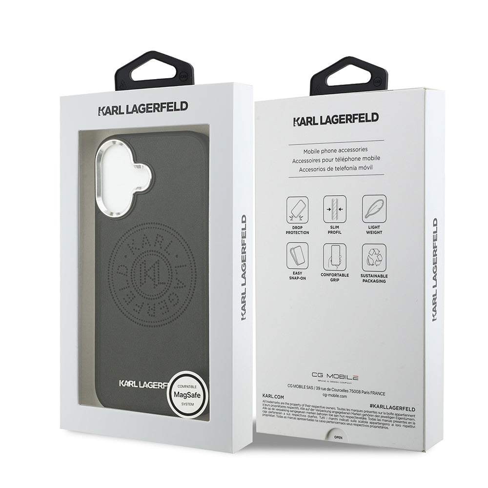 iPhone 17 Kılıf Karl Lagerfeld Orjinal Lisanslı M-safe Şarj Özellikli Delikli Tasarım Metal Logolu PU Deri Kapak
