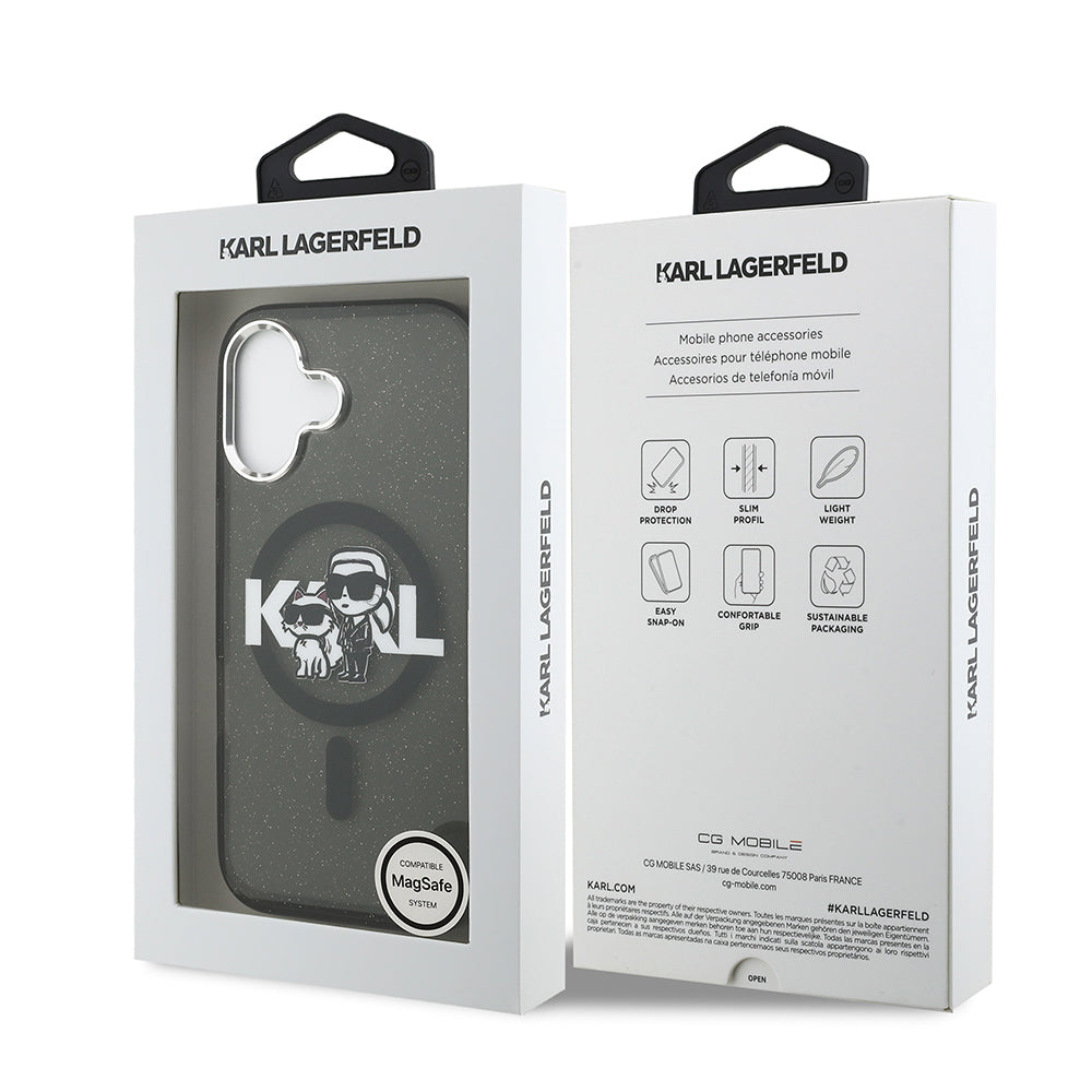 iPhone 17 Kılıf Karl Lagerfeld Orjinal Lisanslı Parlayan Simli Karl & Choupette Sketch Logo Kapak