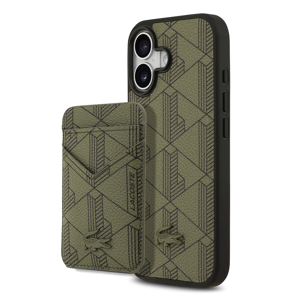 iPhone 17 Kılıf Lacoste Orjinal Lisanslı M-safe Şarj Özellikli PU Deri Tasarımlı Kartlıklı Karışık Monogram Desenli Kapak