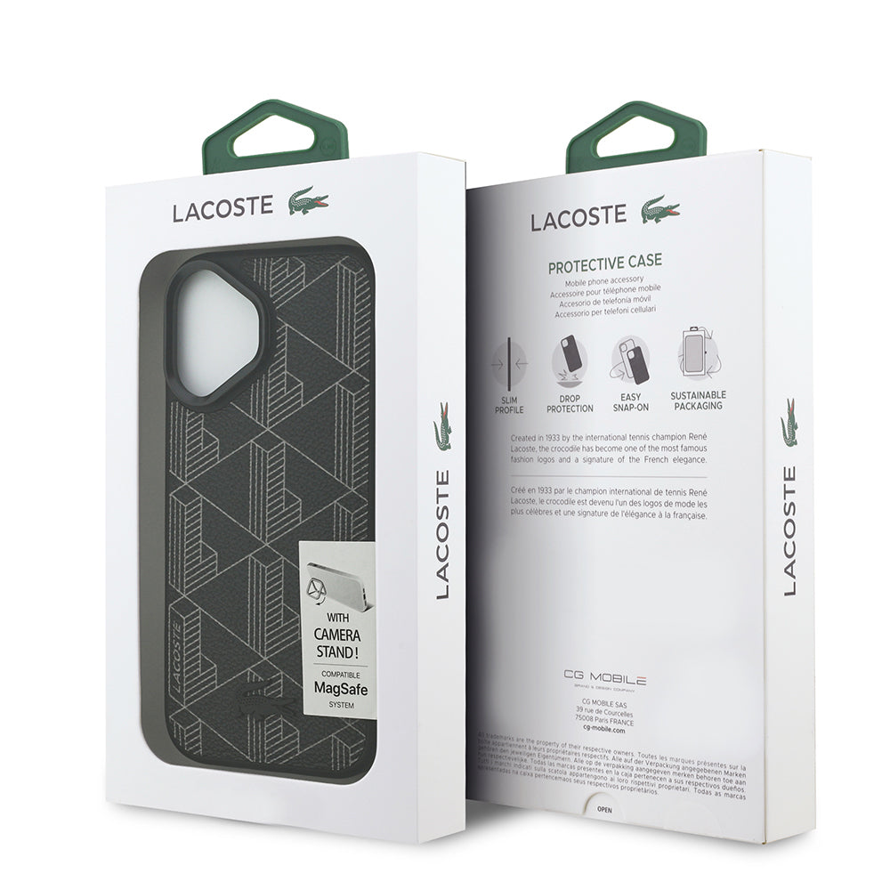 iPhone 17 Kılıf Lacoste Orjinal Lisanslı M-safe Şarj Özellikli Standlı PU Deri Karışık Monogram Desenli Kapak