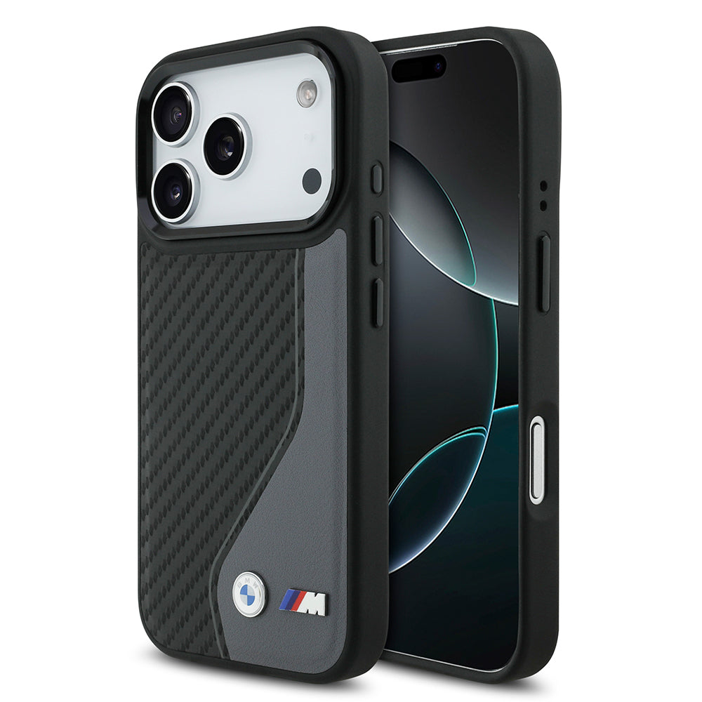 iPhone 17 Pro Kılıf BMW Orjinal Lisanslı M-safe Şarj Özellikli Metal BMW ve M Logolu PU Karbon Tasarımlı Kapak