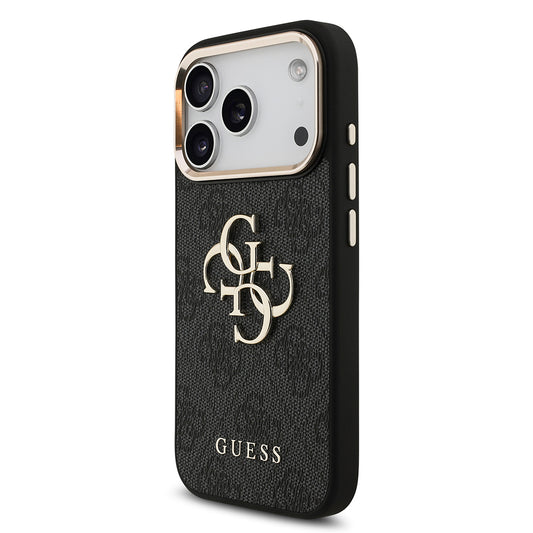 Apple iPhone 17 Pro Kılıf Guess Orjinal Lisanslı Gold Metal Kamera Çerçeveli 4G Desenli Metal Büyük 4G ve Yazı Logolu Kapak