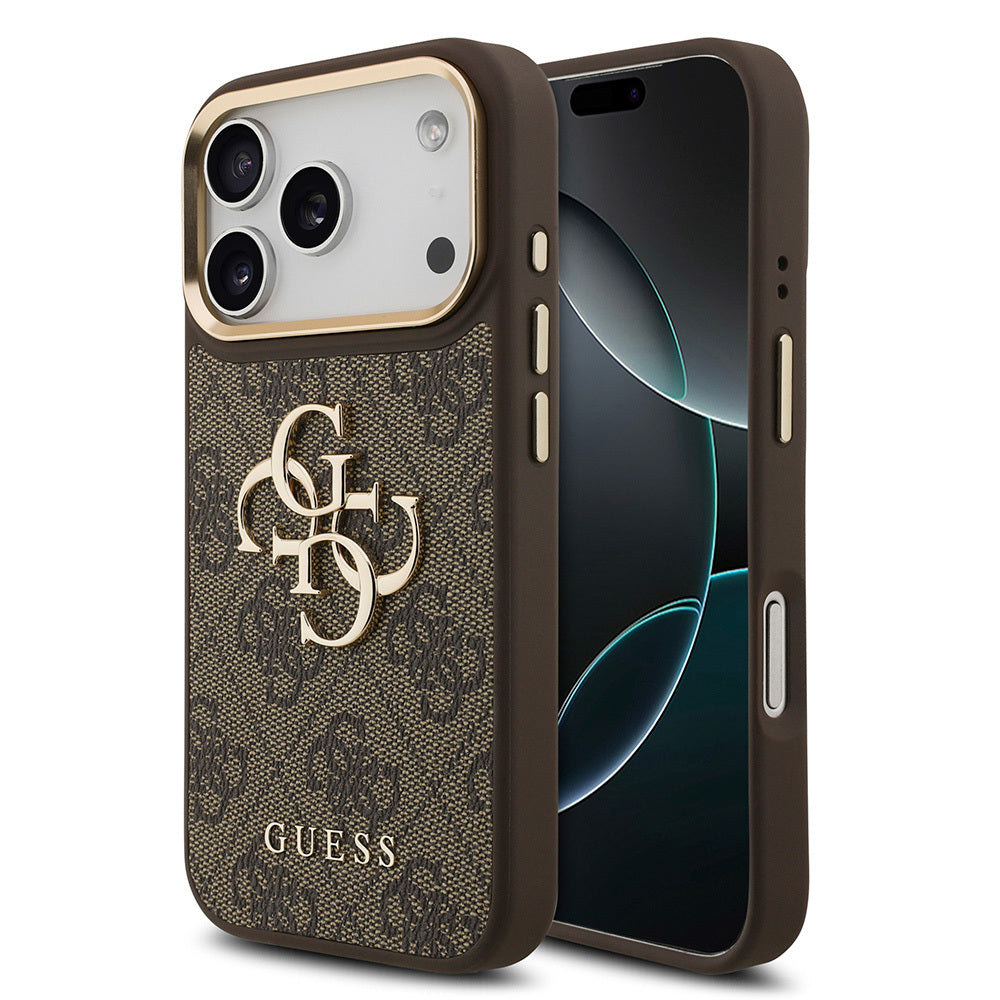 iPhone 17 Pro Kılıf Guess Orjinal Lisanslı Gold Metal Kamera Çerçeveli 4G Desenli Metal Büyük 4G ve Yazı Logolu Kapak