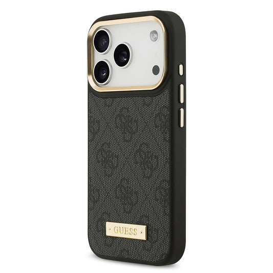 iPhone 17 Pro Kılıf Guess Orjinal Lisanslı M-safe Şarj Özellikli 4G Desenli PU Metal Plaka Klasik Logolu Kapak