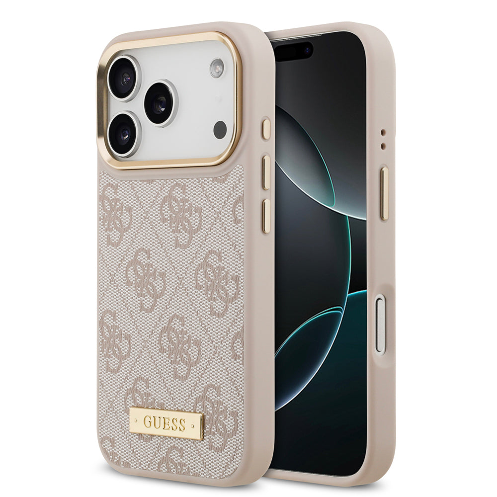 iPhone 17 Pro Kılıf Guess Orjinal Lisanslı M-safe Şarj Özellikli 4G Desenli PU Metal Plaka Klasik Logolu Kapak