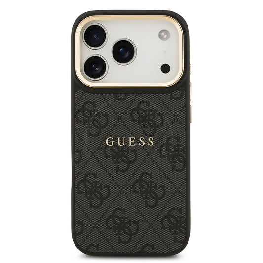 iPhone 17 Pro Kılıf Guess Orjinal Lisanslı M-safe Şarj Özellikli Gold Metal Kamera Çerçeveli PU Deri 4G Desenli Yazı Logolu Kapak