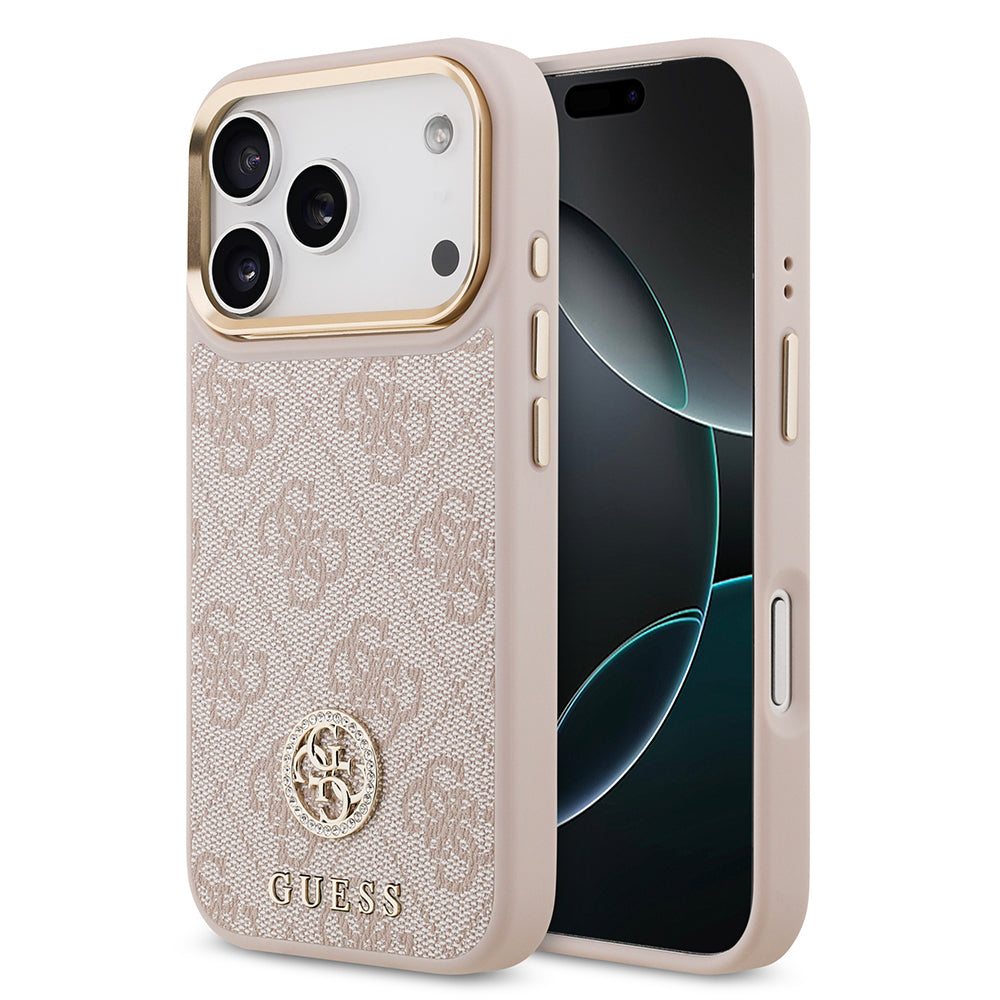 iPhone 17 Pro Kılıf Guess Orjinal Lisanslı M-safe Şarj Özellikli Gold Metal Kamera Çerçeveli Taşlı 4G Logolu Kapak