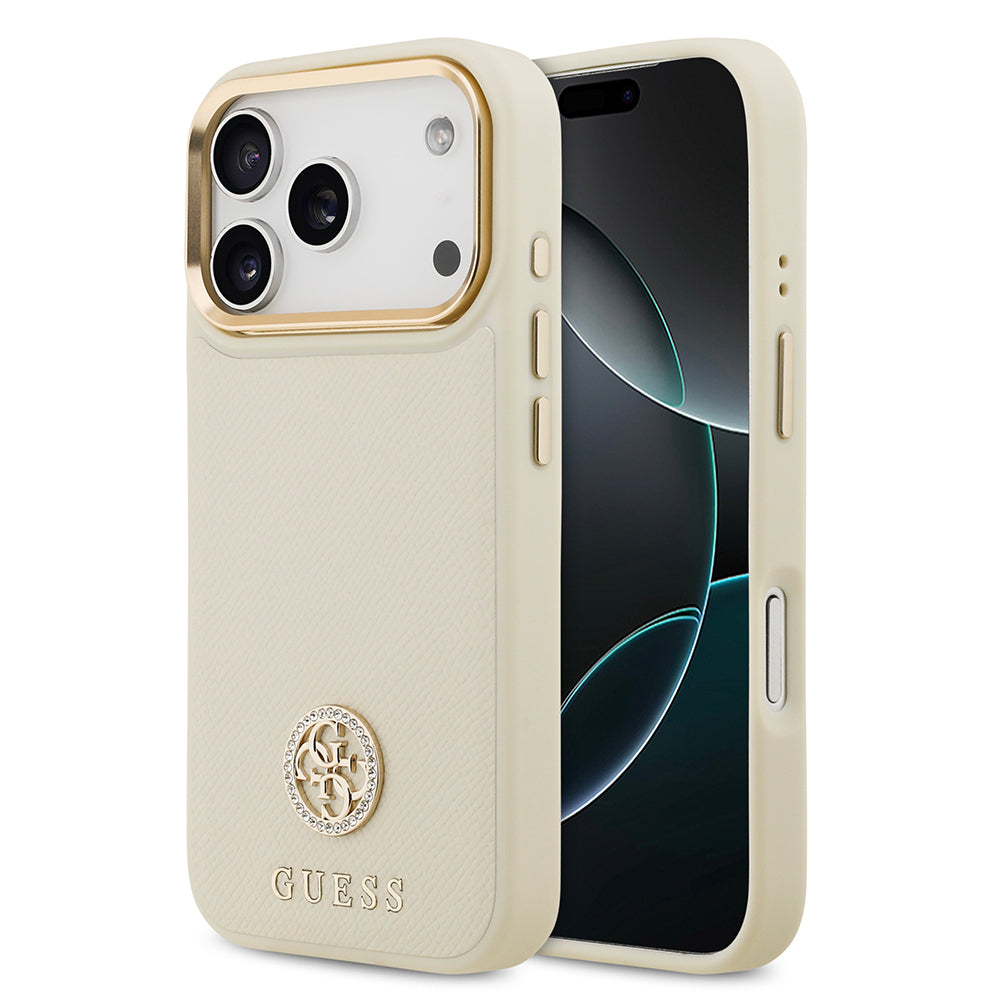 iPhone 17 Pro Kılıf Guess Orjinal Lisanslı M-safe Şarj Özellikli Grained Yazı ve Taşlı 4G Logolu Kapak