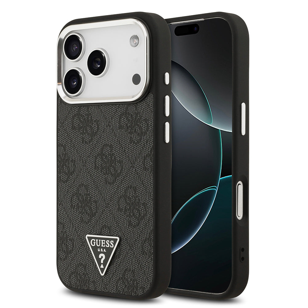 iPhone 17 Pro Kılıf Guess Orjinal Lisanslı M-safe Şarj Özellikli Gümüş Metal Kamera Çerçeveli Üçgen Logo 4G Desenli Kapak