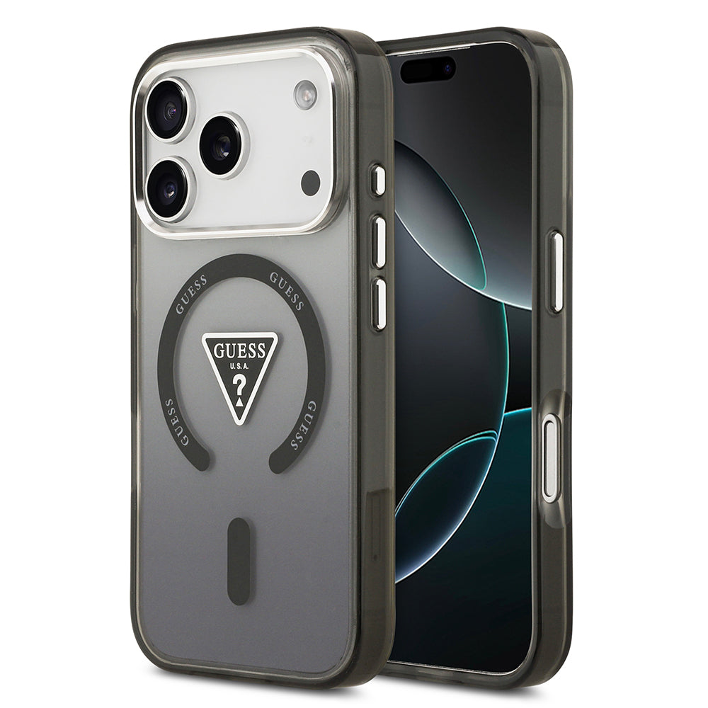 iPhone 17 Pro Kılıf Guess Orjinal Lisanslı M-safe Şarj Özellikli IML Baskılı Üçgen Logolu Metal Kamera Çerçeveli Kapak