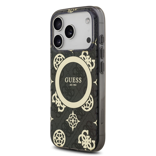 Apple iPhone 17 Pro Kılıf Guess Orjinal Lisanslı M-safe Şarj Özellikli IML Peony ve 4G Desenli Klasik Logolu Kapak