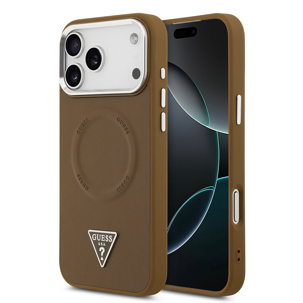 iPhone 17 Pro Kılıf Guess Orjinal Lisanslı M-safe Şarj Özellikli PU Deri Metal Kamera Çerçeveli Üçgen Logolu Kapak