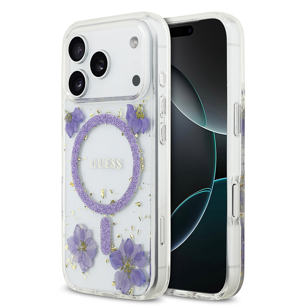 iPhone 17 Pro Kılıf Guess Orjinal Lisanslı M-safe Şarj Özellikli Transparan Resin Flowers Kapak