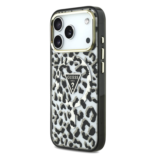 iPhone 17 Pro Kılıf Guess Orjinal Lisanslı M-safe Şarj Özellikli Üçgen Logolu Simli Leopar Desenli Kapak