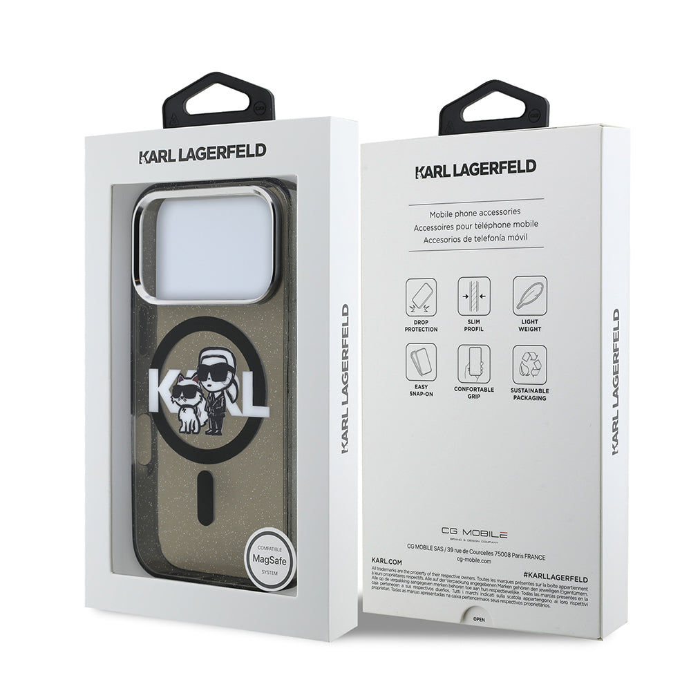 iPhone 17 Pro Kılıf Karl Lagerfeld Orjinal Lisanslı Parlayan Simli Karl & Choupette Sketch Logo Kapak