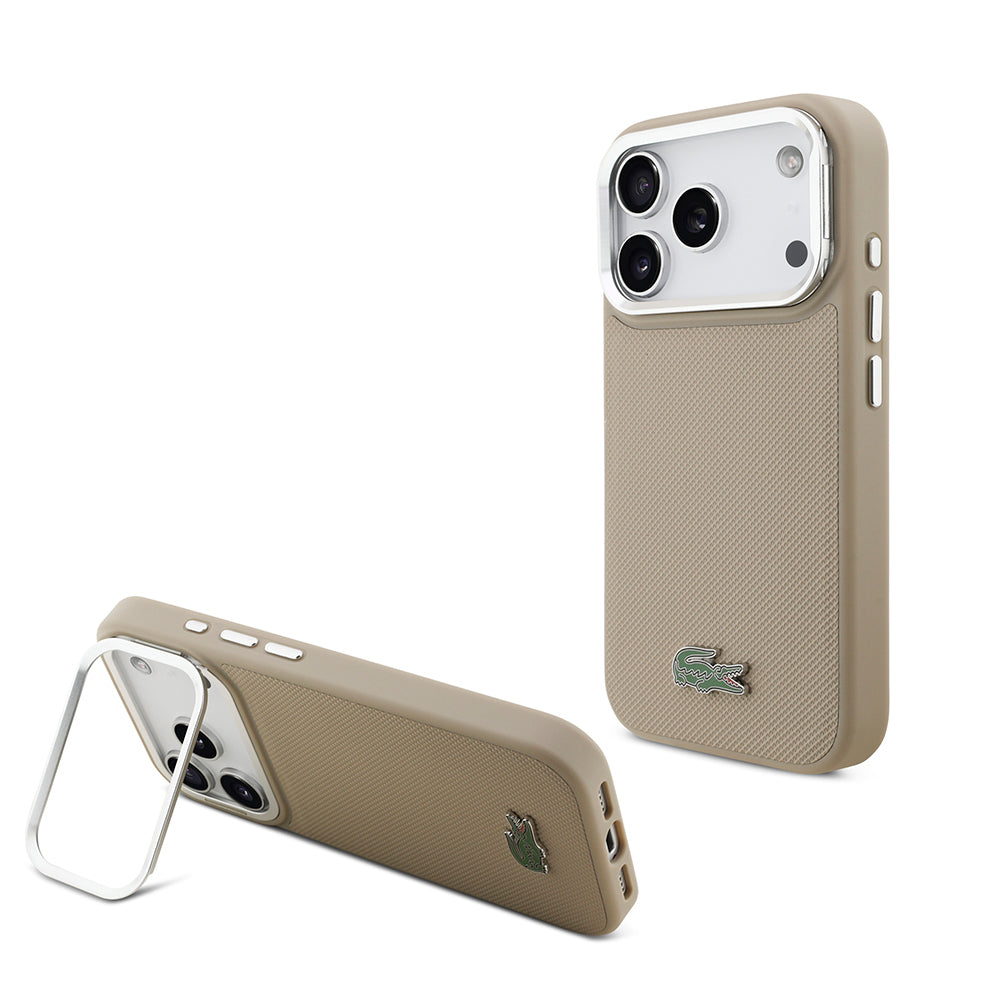 iPhone 17 Pro Kılıf Lacoste Orjinal Lisanslı M-safe Şarj Özellikli PU Pike Desenli Standlı Metal Logolu Kapak