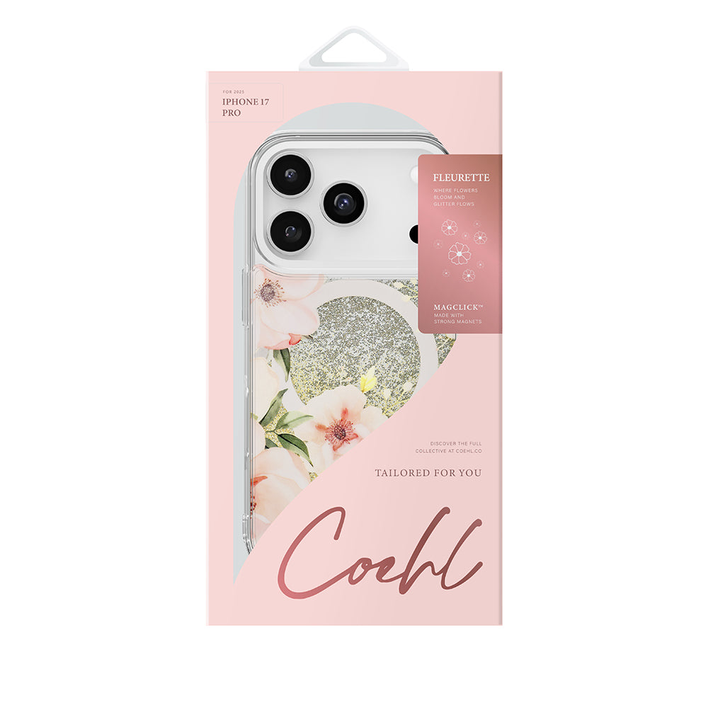 iPhone 17 Pro Kılıf M-safe Şarj Özellikli Çiçek Desenli Simli Arka Yüzey Coehl Fleurette Kapak