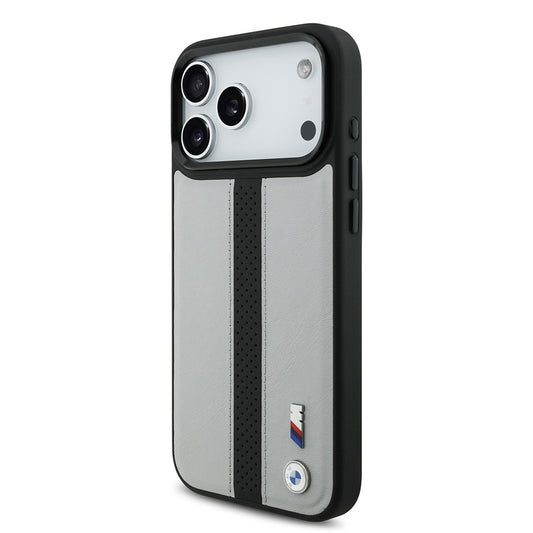 iPhone 17 Pro Max Kılıf BMW Orjinal Lisanslı M-safe Şarj Özellikli Deri Arka Yüzey Metal Logolu Delikli Şerit Tasarımlı Kapak