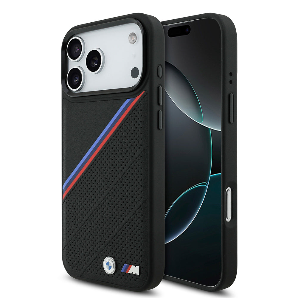 iPhone 17 Pro Max Kılıf BMW Orjinal Lisanslı M-safe Şarj Özellikli M Logolu Üç Şeritli Delikli Deri Kapak