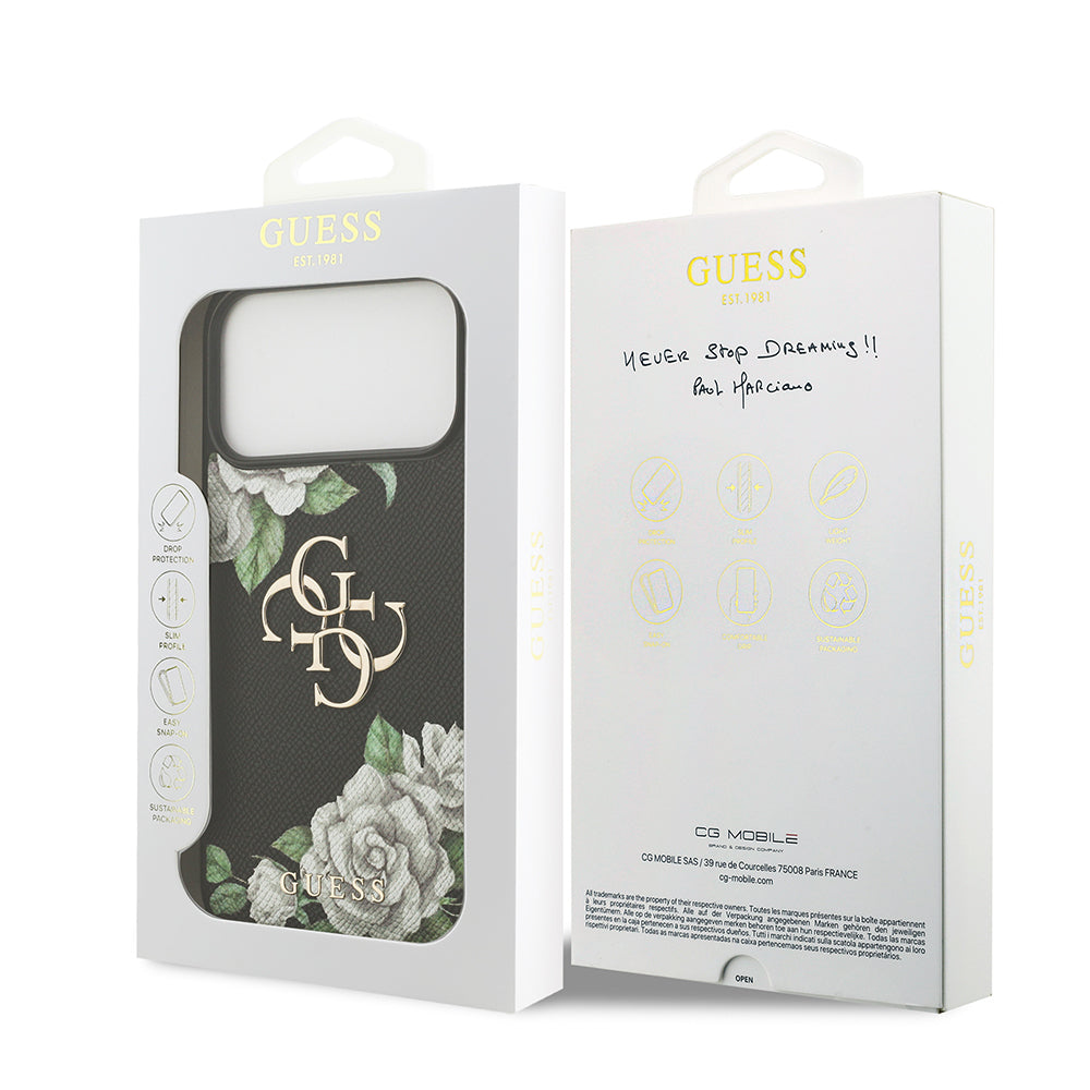 iPhone 17 Pro Max Kılıf Guess Orjinal Lisanslı Gül Baskılı Büyük Metal Logo Dizaynlı Kapak