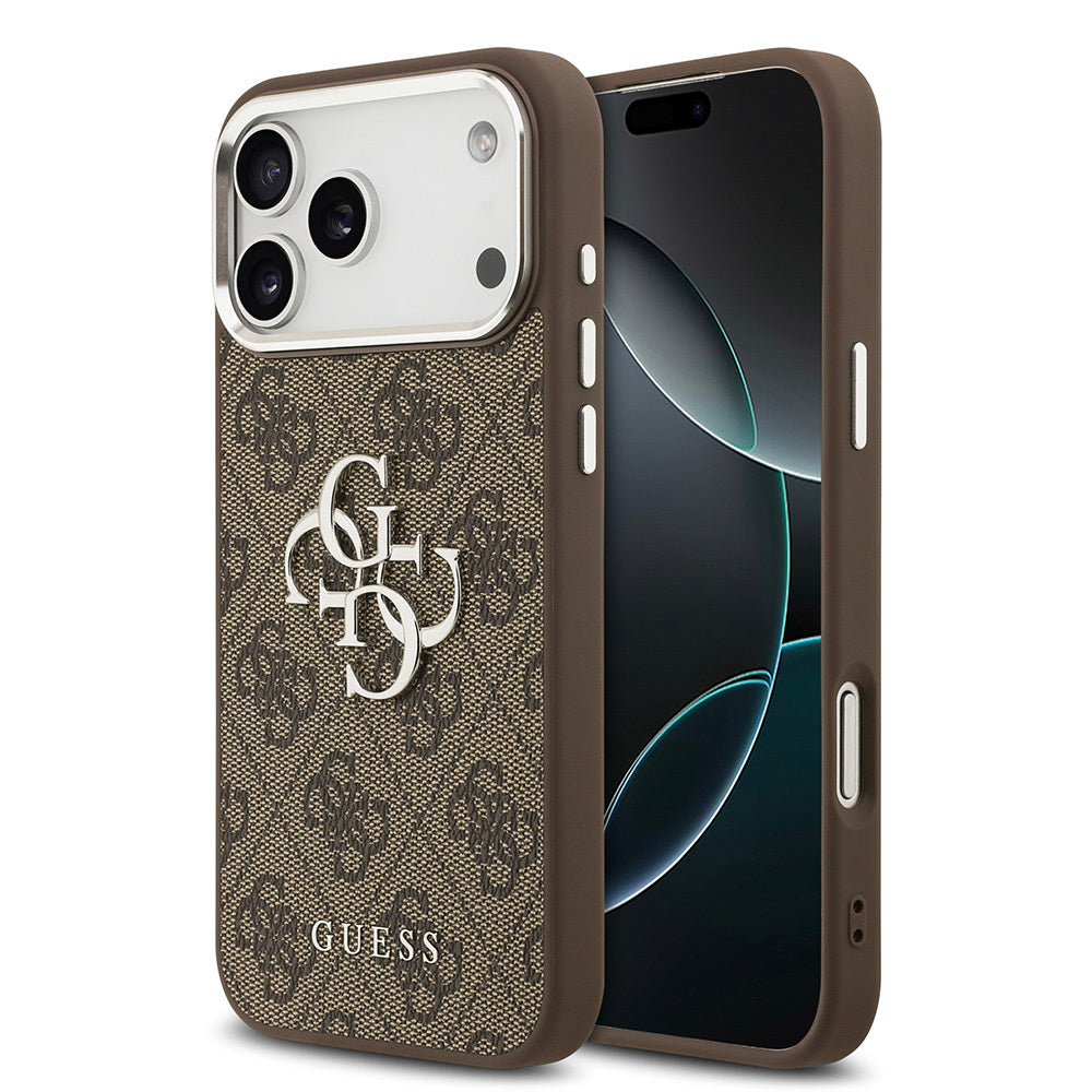 iPhone 17 Pro Max Kılıf Guess Orjinal Lisanslı Gümüş Metal Kamera Çerçeveli 4G Desenli Metal Büyük 4G ve Yazı Logolu Kapak