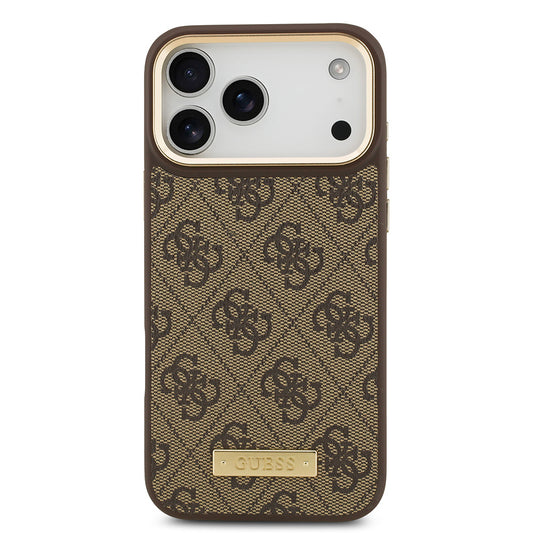iPhone 17 Pro Max Kılıf Guess Orjinal Lisanslı M-safe Şarj Özellikli 4G Desenli PU Metal Plaka Klasik Logolu Kapak