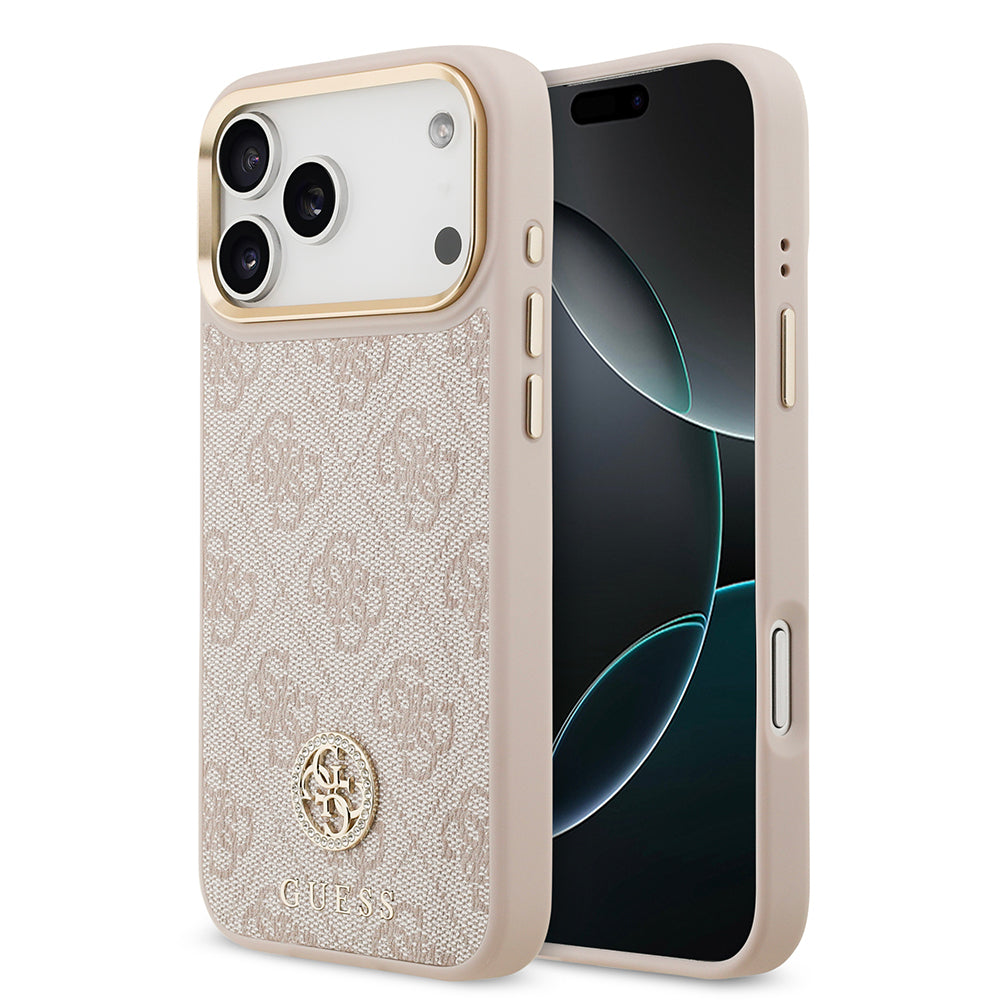 iPhone 17 Pro Max Kılıf Guess Orjinal Lisanslı M-safe Şarj Özellikli Gold Metal Kamera Çerçeveli Taşlı 4G Logolu Kapak