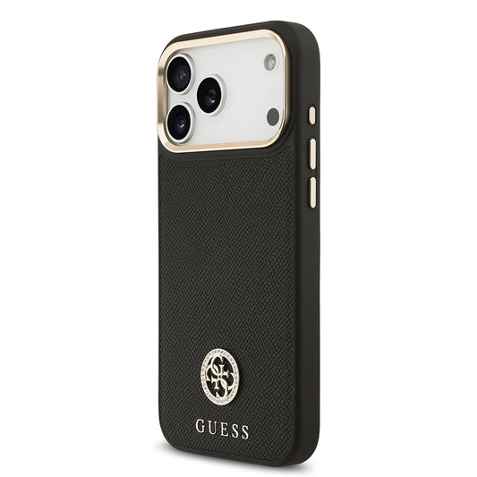 iPhone 17 Pro Max Kılıf Guess Orjinal Lisanslı M-safe Şarj Özellikli Grained Yazı ve Taşlı 4G Logolu Kapak