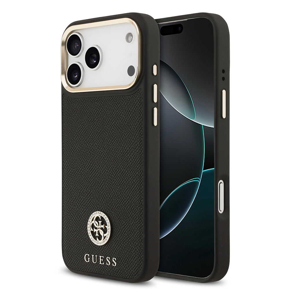 iPhone 17 Pro Max Kılıf Guess Orjinal Lisanslı M-safe Şarj Özellikli Grained Yazı ve Taşlı 4G Logolu Kapak