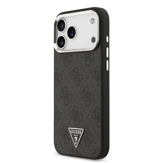 iPhone 17 Pro Max Kılıf Guess Orjinal Lisanslı M-safe Şarj Özellikli Gümüş Metal Kamera Çerçeveli Üçgen Logo 4G Desenli Kapak