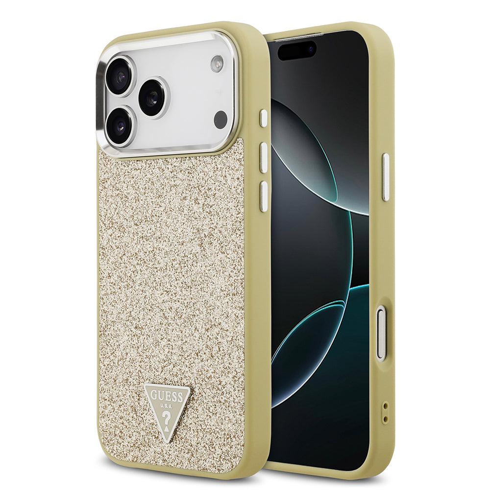 iPhone 17 Pro Max Kılıf Guess Orjinal Lisanslı M-safe Şarj Özellikli Metal Kamera Çerçeveli Üçgen Logolu Glitter Kapak