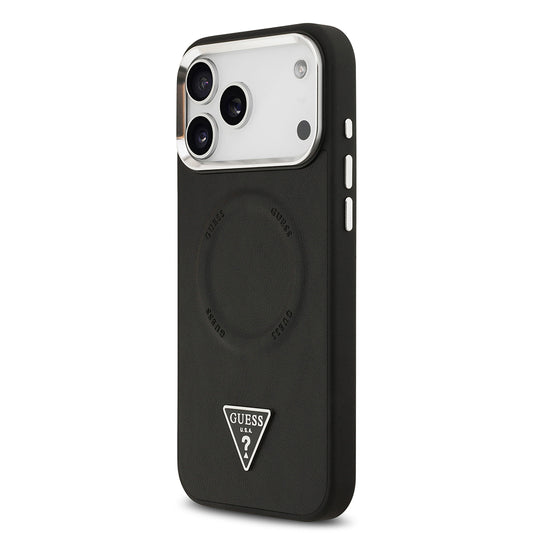 iPhone 17 Pro Max Kılıf Guess Orjinal Lisanslı M-safe Şarj Özellikli PU Deri Metal Kamera Çerçeveli Üçgen Logolu Kapak