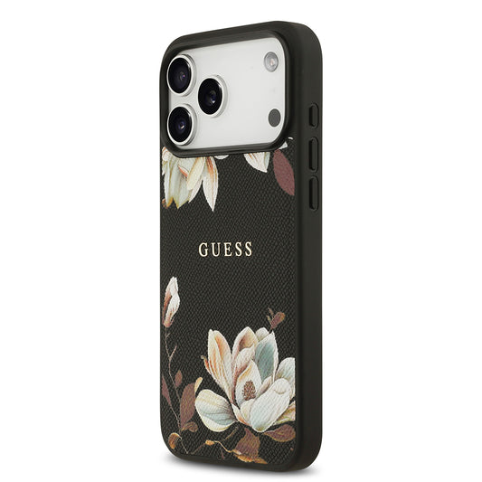 iPhone 17 Pro Max Kılıf Guess Orjinal Lisanslı M-safe Şarj Özellikli Taneli Çiçek Tasarımlı Metal Yazı Logolu Kapak