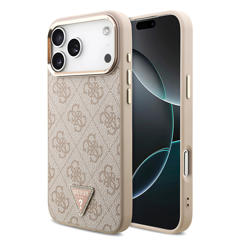 iPhone 17 Pro Max Kılıf Guess Orjinal Lisanslı M-safe Şarj Özellikli Taşlı Üçgen Logo 4G Desenli Kapak