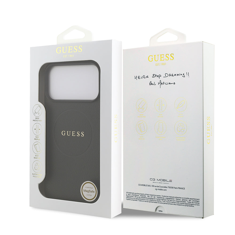 iPhone 17 Pro Max Kılıf Guess Orjinal Lisanslı M-safe Şarj Özellikli Yazı Logolu PU Deri Kapak
