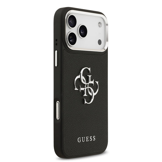 iPhone 17 Pro Max Kılıf Guess Orjinal Lisanslı Metal Kamera Çerçeveli Metal Büyük 4G ve Yazı Logolu PU Deri Kapak