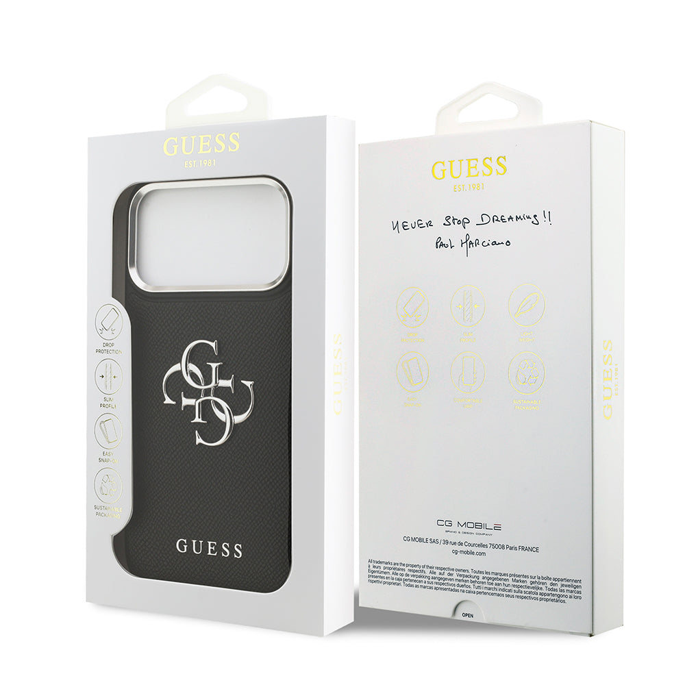 iPhone 17 Pro Max Kılıf Guess Orjinal Lisanslı Metal Kamera Çerçeveli Metal Büyük 4G ve Yazı Logolu PU Deri Kapak