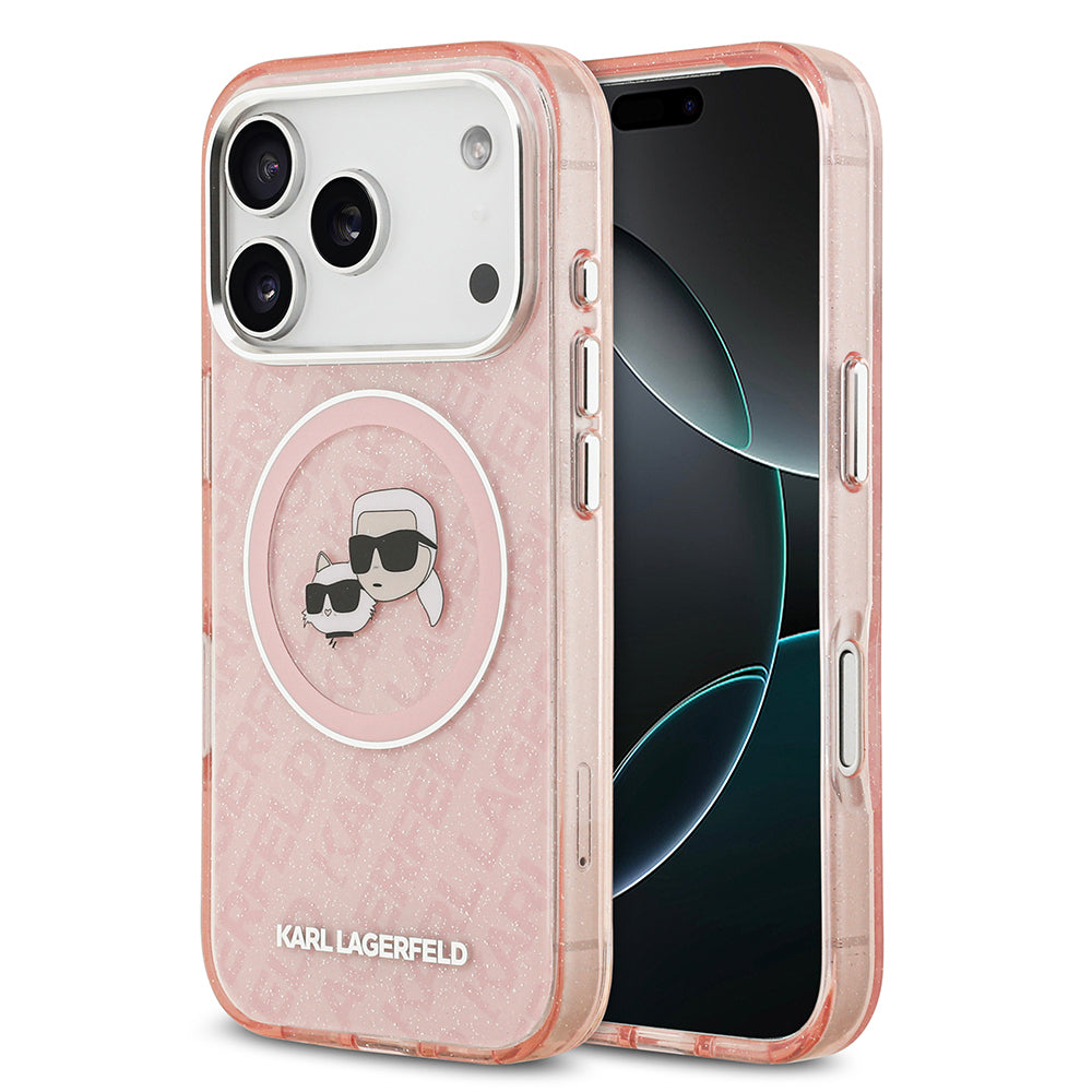 iPhone 17 Pro Max Kılıf Karl Lagerfeld Orjinal Lisanslı Parlayan Simli Karl & Choupette Heads Kapak