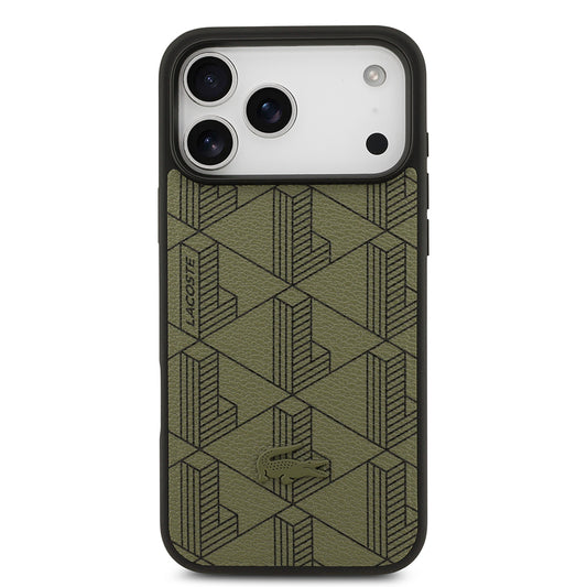 Apple iPhone 17 Pro Max Kılıf Lacoste Orjinal Lisanslı M-safe Şarj Özellikli PU Deri Tasarımlı Kartlıklı Karışık Monogram Desenli Kapak