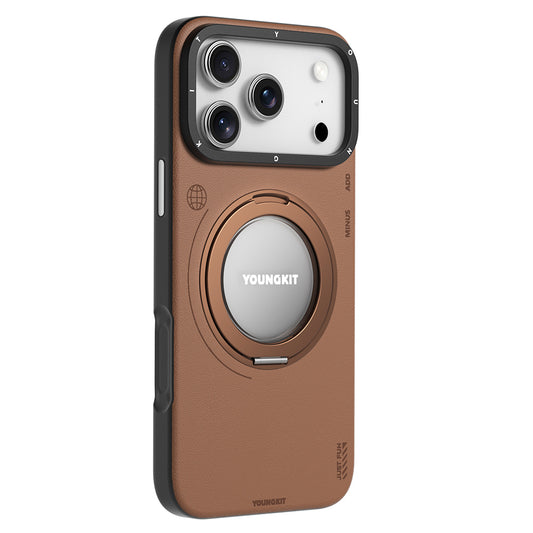 iPhone 17 Pro Max Kılıf M-safe Şarj Özellikli 360 Derece Standlı Basit Mat Deri Desenli Youngkit Tech Leather Serisi Kapak