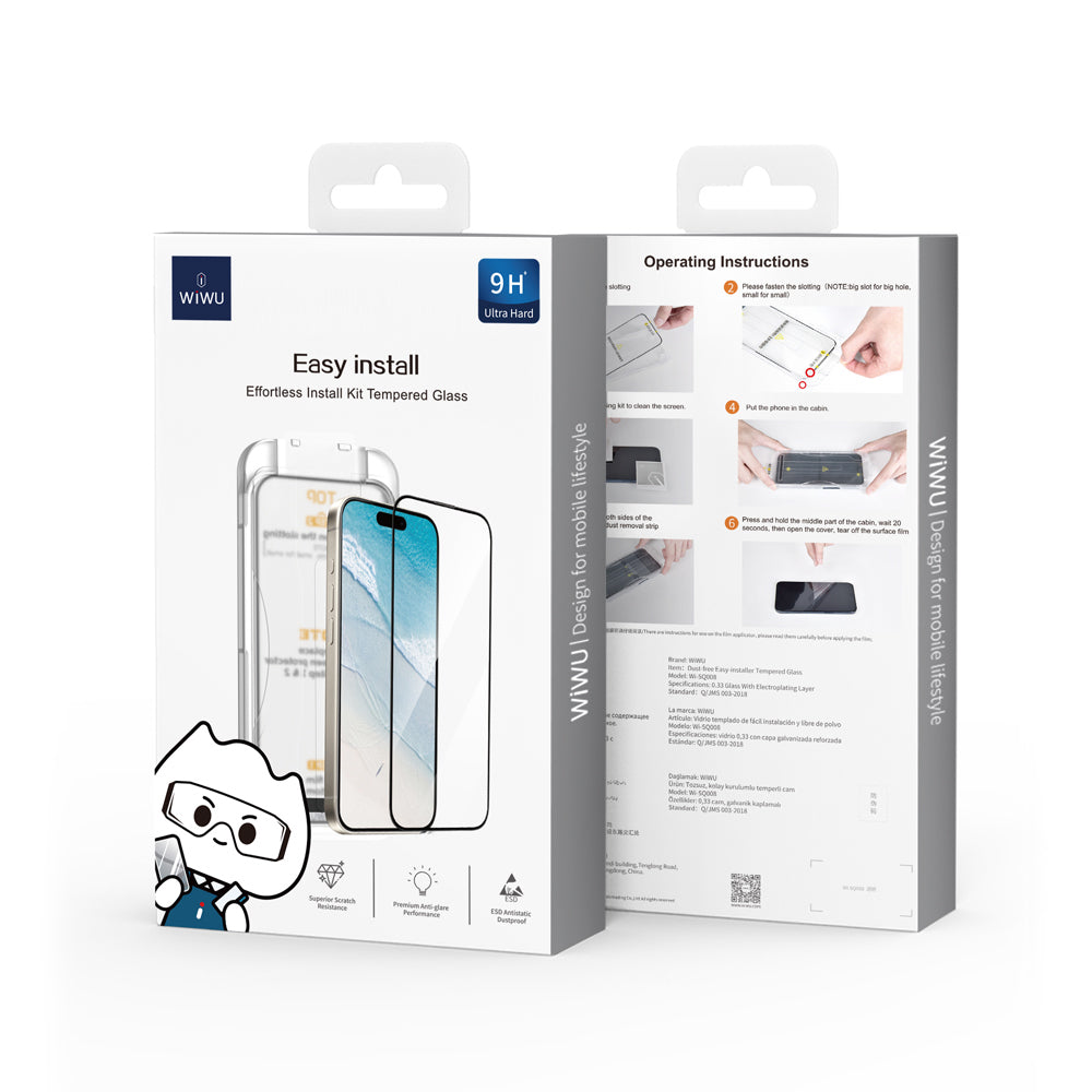 iPhone 17 Pro Max Wiwu SQ-008 Oleofobik Easy Install Darbeye Karşı Dayanıklı Temperli Cam Ekran Koruyucu + Kolay Uygulama Aparatlı